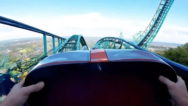 Thrilling Rollercoaster Ride: A First-Person View of the Leviathan's Steep Drops and Twists.