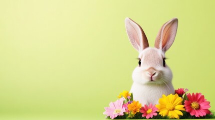 Obraz premium A cute rabbit surrounded by colorful flowers on a soft background.
