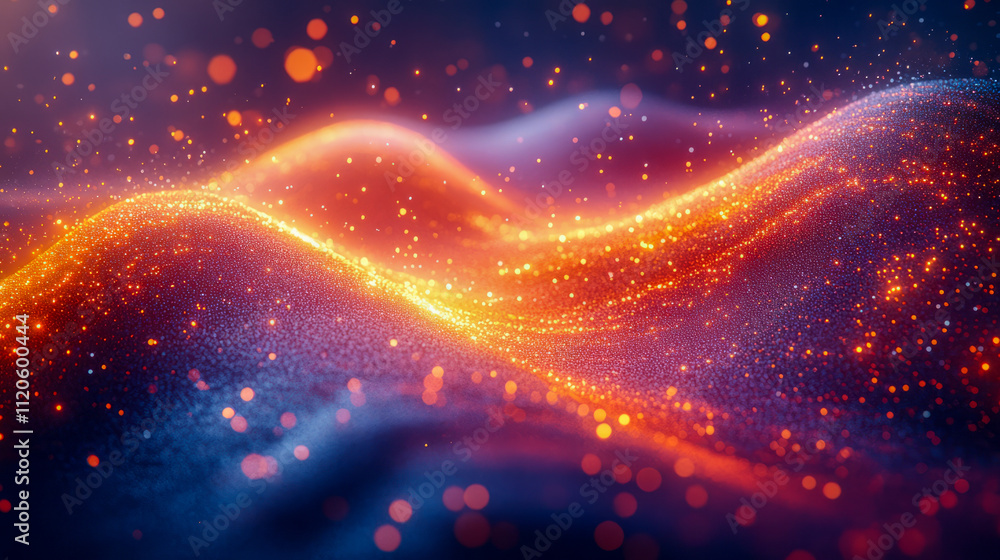 Poster glowing abstract waves with sparkling particles in vibrant colors