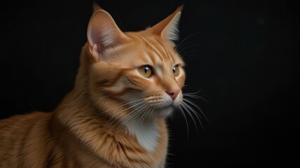 Orange tabby cat portrait against black background.