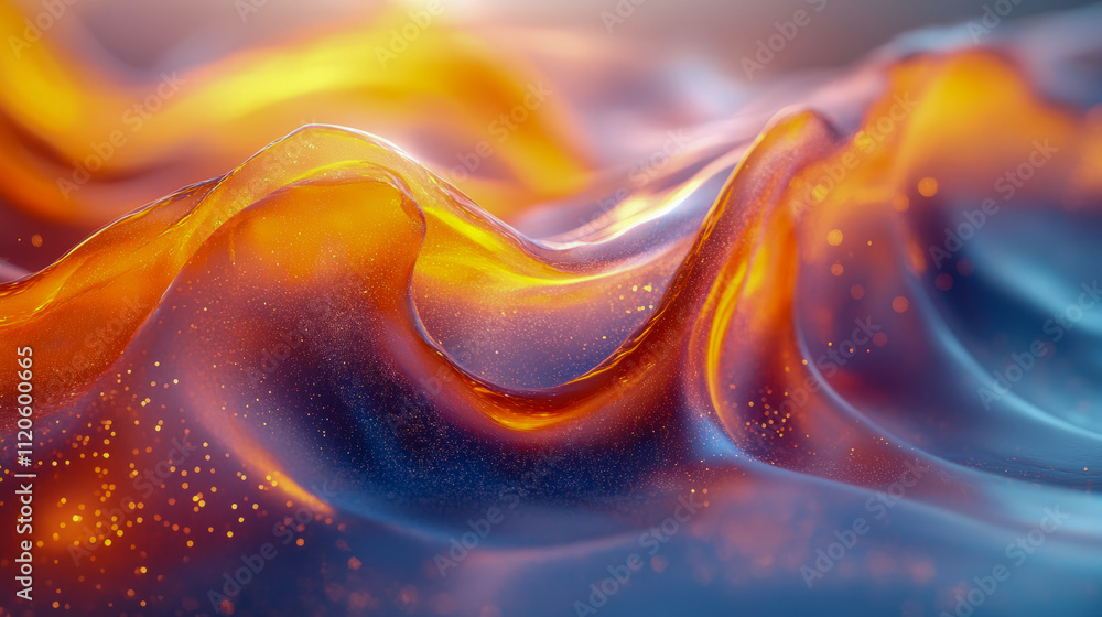 Poster abstract orange and blue waves with sparkling bokeh effect