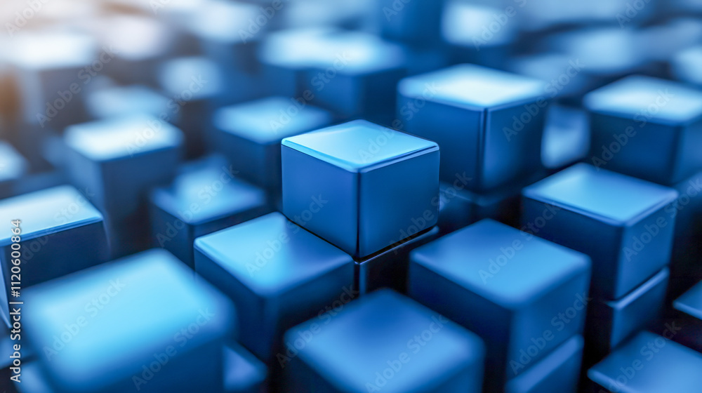 Poster abstract blue cubes in a three-dimensional geometric pattern