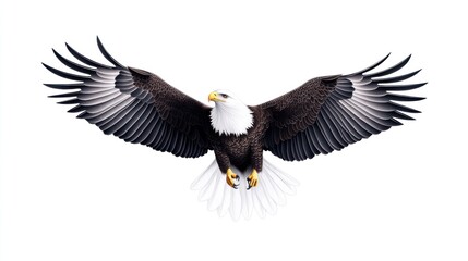 Obraz premium A majestic eagle soaring with outstretched wings against a white background.