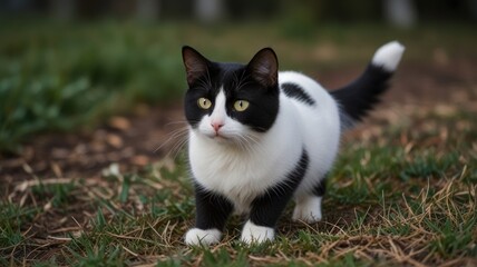 A tuxedo cat with striking black and white markings stands alert in a grassy area.