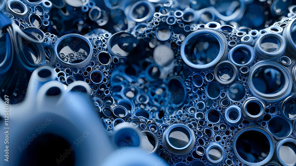 Poster abstract blue metallic circles and spheres texture with depth and reflection