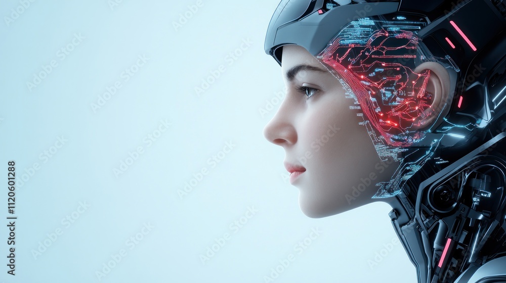 Aufkleber futuristic robotic head with visible circuitry and glowing elements.