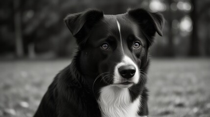Black and white portrait of a pensive dog.
