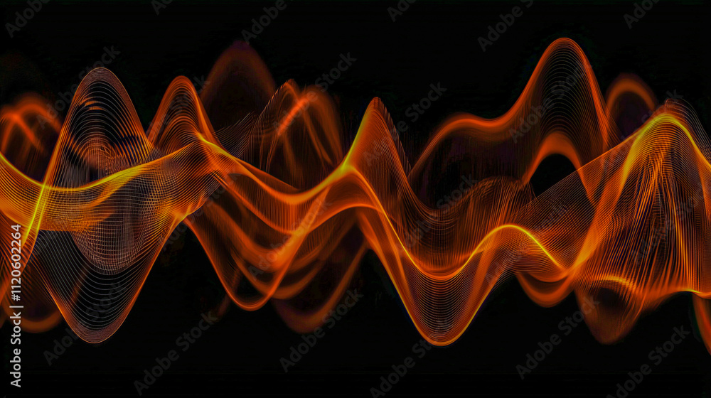 Poster abstract flowing orange waves on black background with dynamic energy patterns