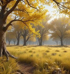 Fototapeta premium Branch with yellow leaves in the grassy field under trees, field scenery, nature landscape, tree branches