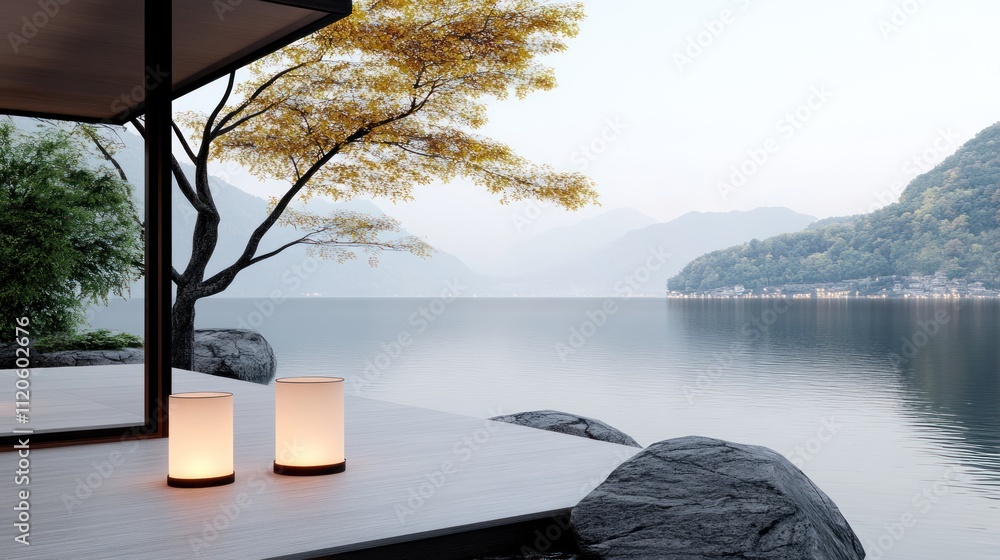 Poster serene lakeside view with lanterns and mountains in the background.