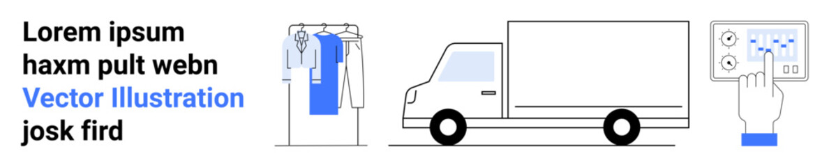 Clothes hanging on a rack, a delivery truck, and a hand interacting with a digital interface. Ideal for e-commerce, retail logistics, inventory management, delivery services, digital transformation