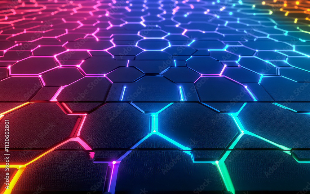 Poster vibrant neon hexagonal tiles with futuristic glow and multicolor illumination