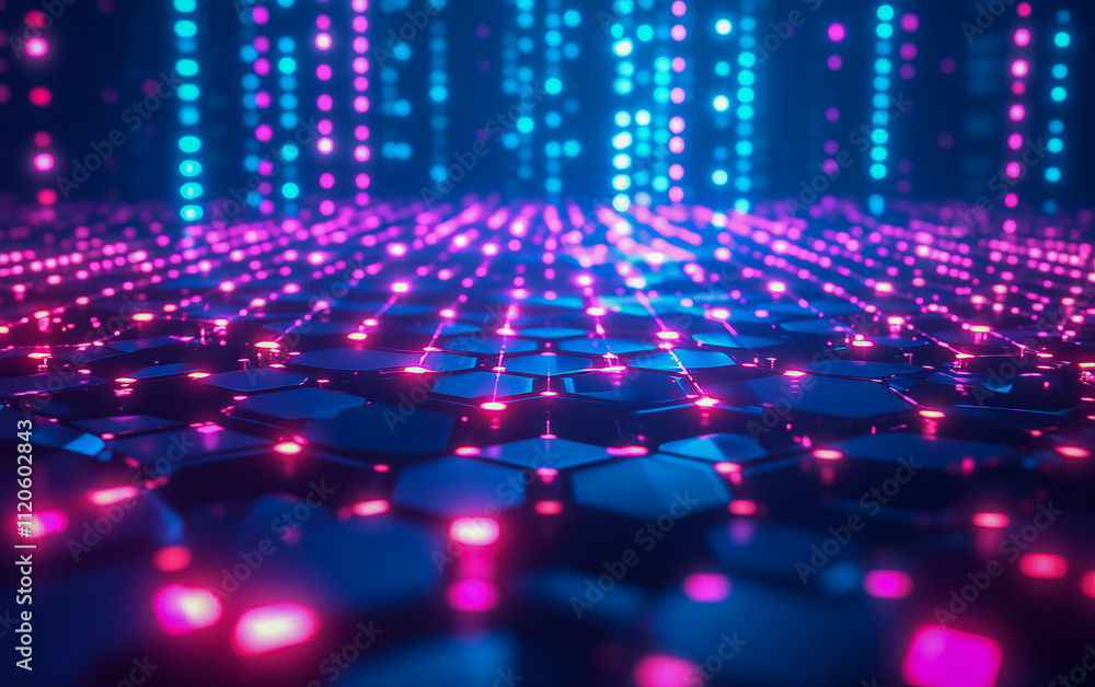 Poster futuristic neon grid with glowing hexagonal patterns in blue and pink