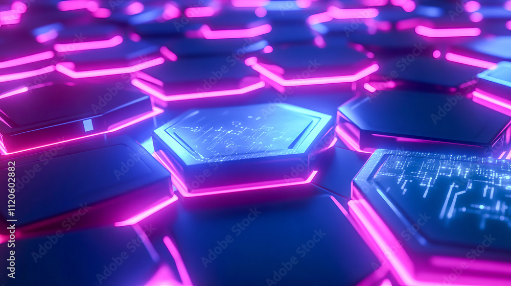 Aufkleber futuristic neon hexagonal grid with digital circuit patterns