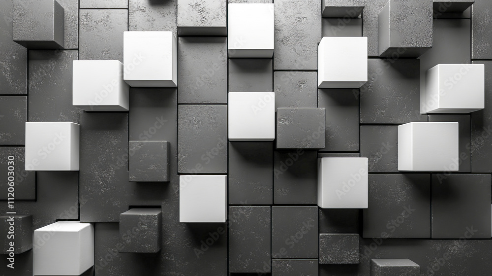 Poster geometric abstract design with 3d white and gray blocks on textured surface