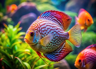 Fototapeta premium Discus Fish Aquarium, Tropical Fish, Underwater Scene, Vibrant Colors, Beautiful Backgrounds, Fish Tank, Aquatic Life, Nature Photography