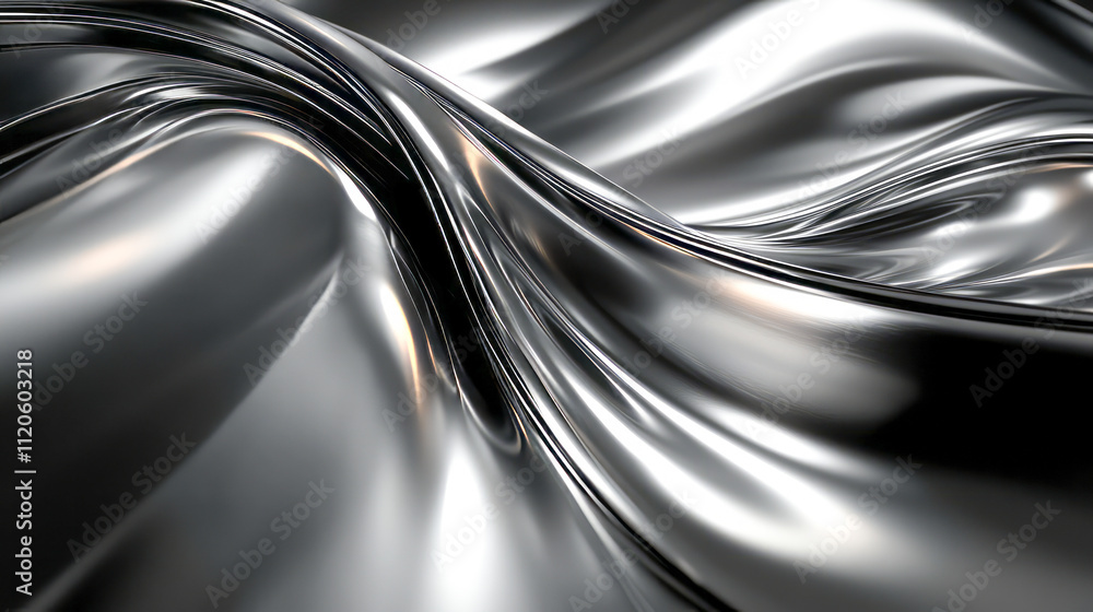 Poster flowing metallic waves reflect light in abstract pattern