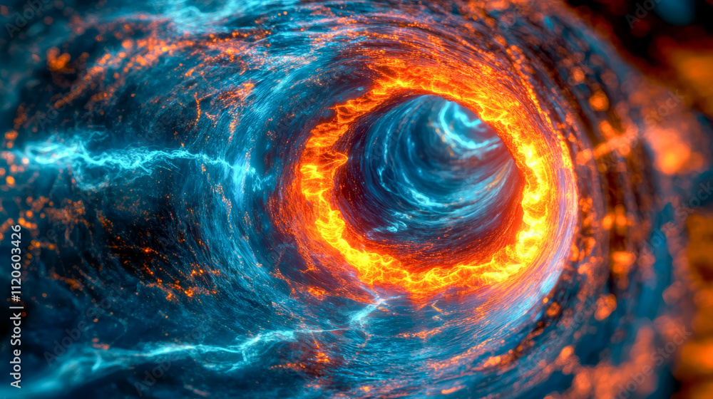 Poster vibrant swirling vortex with fiery and electric colors creating a dynamic energy flow