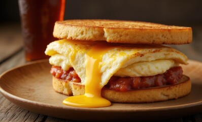 Delicious breakfast sandwich with runny egg