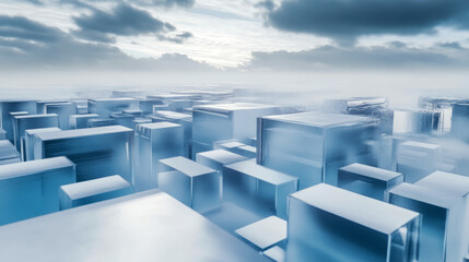 Futuristic icy cube landscape under overcast sky