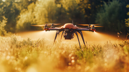 Aerial drone capturing sunrise in golden field