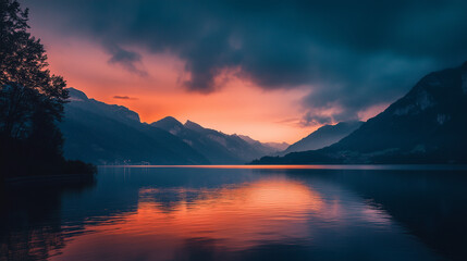 Obraz premium Serene Lake Sunset with Majestic Mountain Silhouettes and Reflective Water