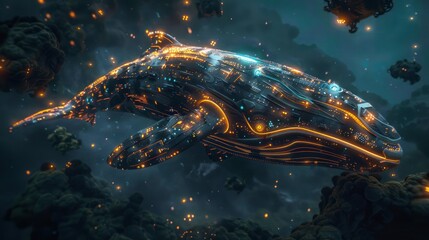 Obraz premium A futuristic, luminous whale swims through a cosmic environment filled with glowing elements.