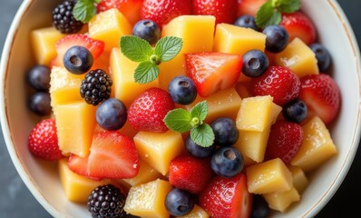 Colorful fruit salad with berries and mango