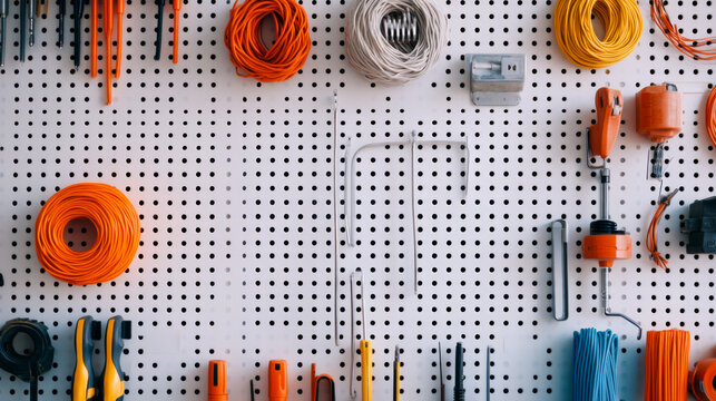 Organized pegboard with colorful tools and materials for diy projects
