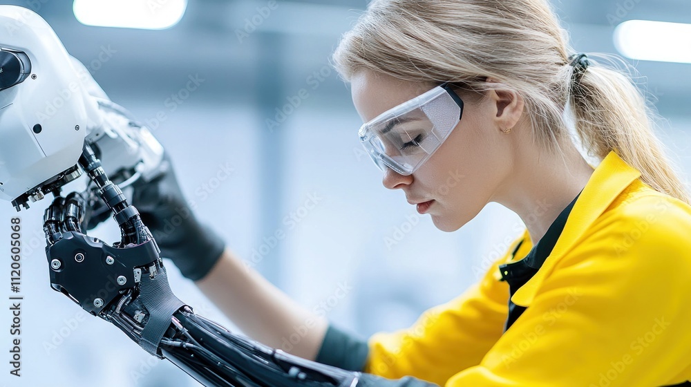 Poster a technician working on a robotic arm in a modern workshop.