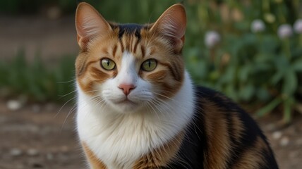 Obraz premium Calico cat outdoors, looking at camera.