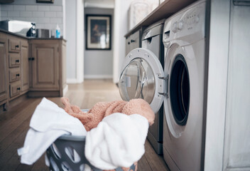 Empty room, laundry and clothes by washing machine for housekeeping, cleaning routine and domestic...