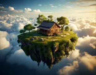 Floating Island in the Sky - Wooden Cabin Surrounded by Clouds