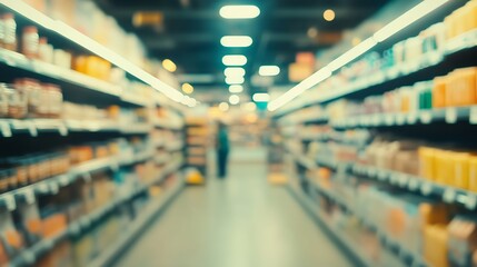 Blurred Perspective of Grocery Store Aisle with Shelves and Products : Generative AI