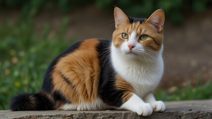 Fototapeta premium Calico cat sitting outdoors, looking away.