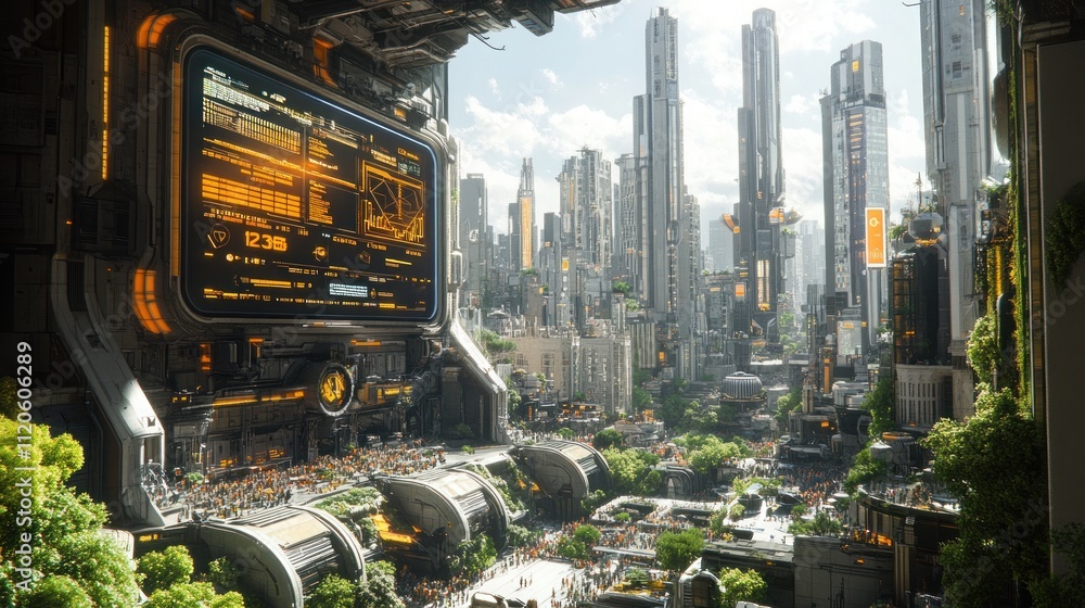 Poster futuristic cityscape viewed from a high-tech structure, showing advanced technology and a blend of n