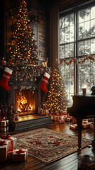 Fototapeta premium Cozy living room filled with Christmas decorations and presents by the fireplace