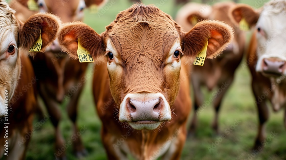 Poster curious cow staring camera closeup lush green field background : generative ai
