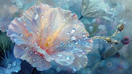 A close-up of a flower with water droplets, showcasing delicate petals and a serene background.