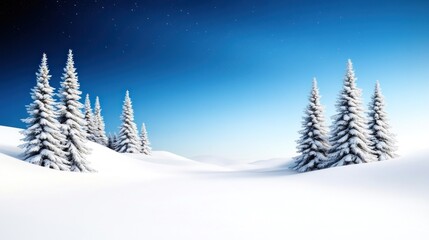 Fototapeta premium Snow-covered landscape with evergreen trees under a clear sky.
