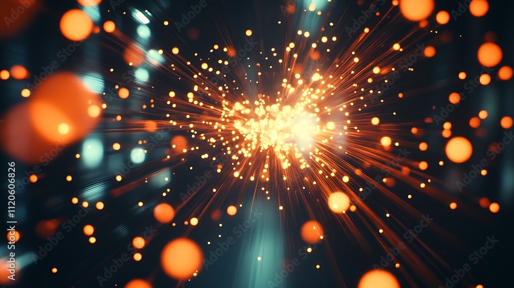 Poster abstract orange and blue light burst with bokeh effect in digital art background : generative ai
