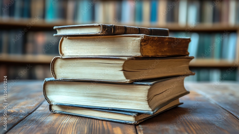 Poster stack of vintage books on wooden table in cozy classic library : generative ai