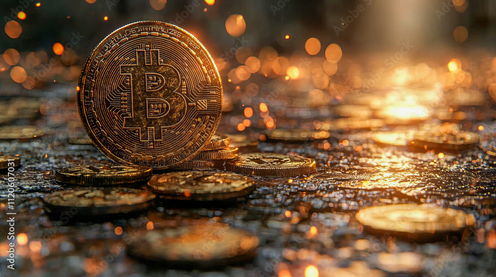 Poster shimmering bitcoin coins in atmospheric low light with sparkling bokeh effects