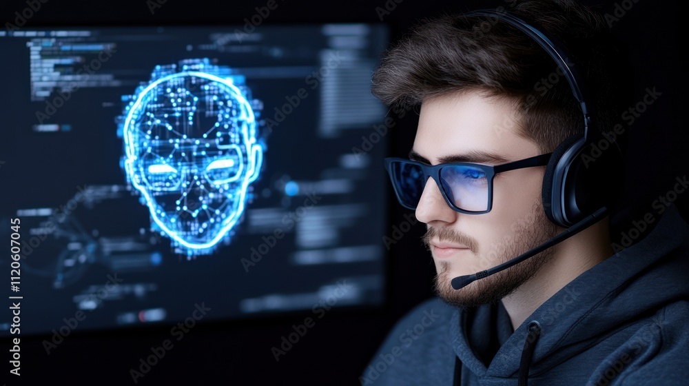 Poster a focused individual using a headset, analyzing digital data.