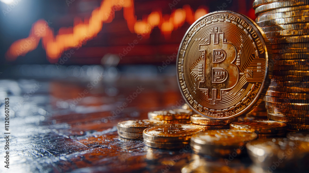 Poster bitcoin cryptocurrency coins on reflective table with market chart in background