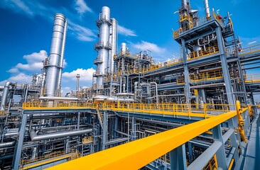 Fototapeta premium Industrial facility with complex piping and structures under bright blue sky and vibrant steel colors : Generative AI