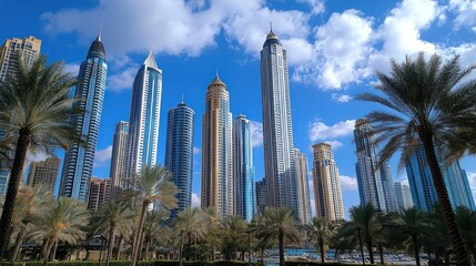 Skyscrapers and palm trees against a blue sky.