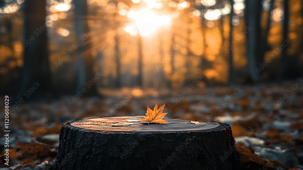 Poster Solitary Autumn Leaf Rests on Tree Stump Illuminated by the Setting Sunlight : Generative AI