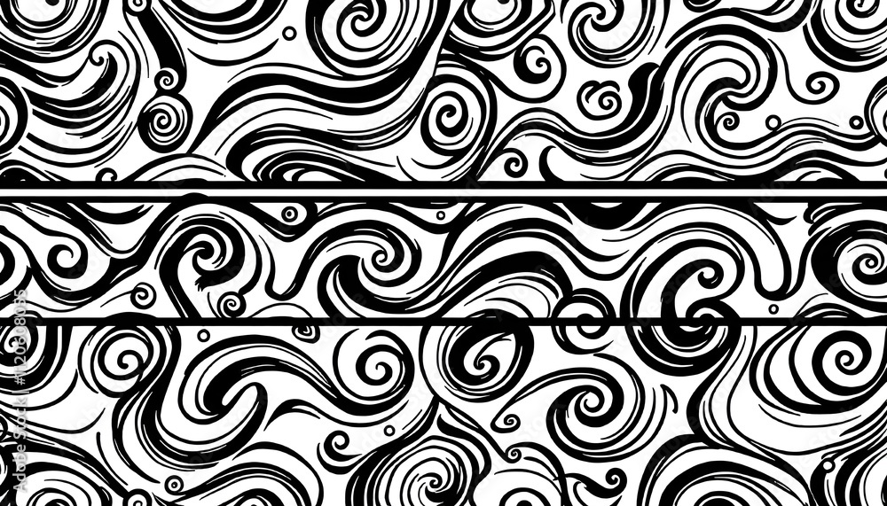 Poster seamless pattern of wavy and swirling brush strokes. bold curved lines and squiggles ornament. horiz