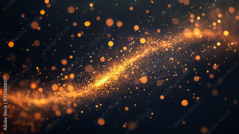 Poster glowing golden particles on dark background in a curved pattern